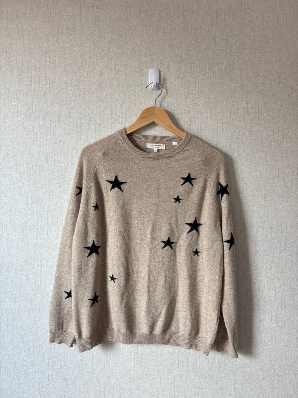 Chinti & Parker Beige Crewneck Sweater with Black Star Accents 100% cashmere